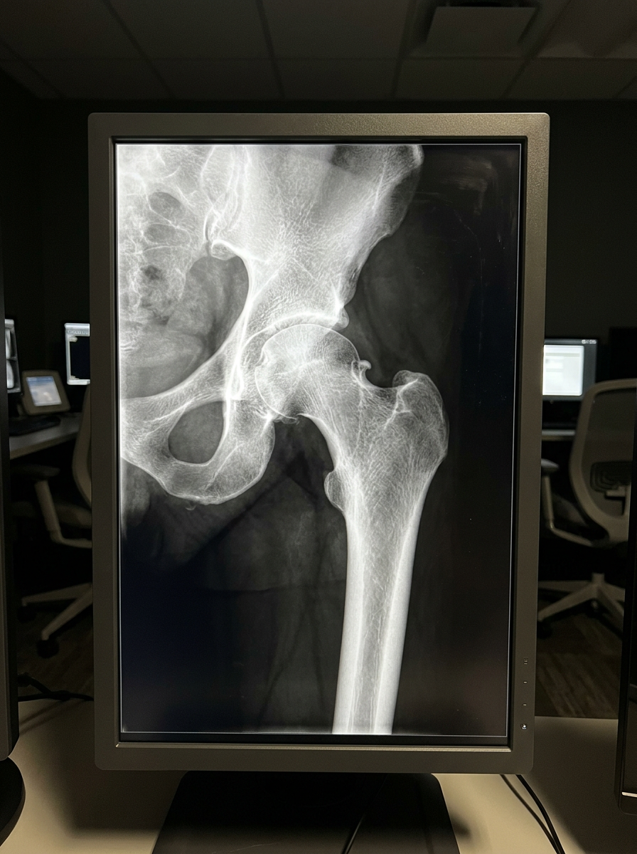 Hip X-ray displayed on a dark medical monitor showing the femoral head in the acetabulum with visible osteophytes at the joint margins blocking rotation