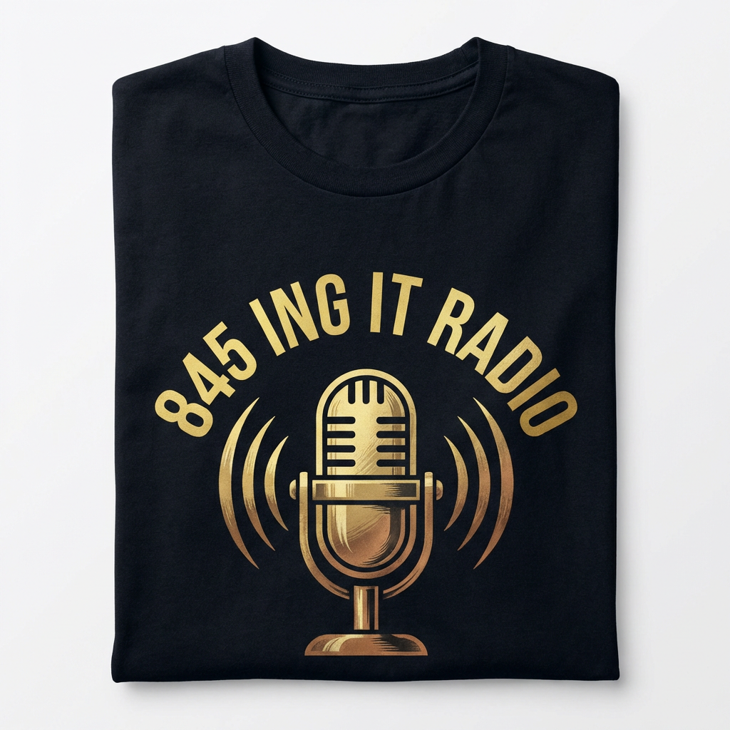 Classic black tee with gold 845ing It Radio branding