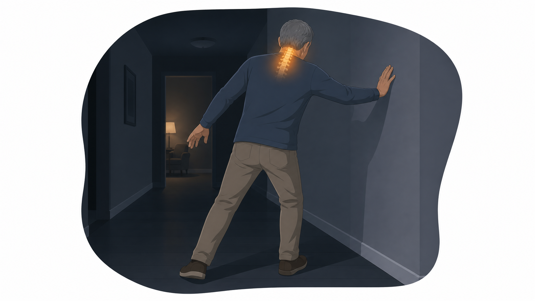 Illustration of a man walking with a wide, unsteady stance reaching for a wall in a dark hallway, an amber glow at the cervical spine
