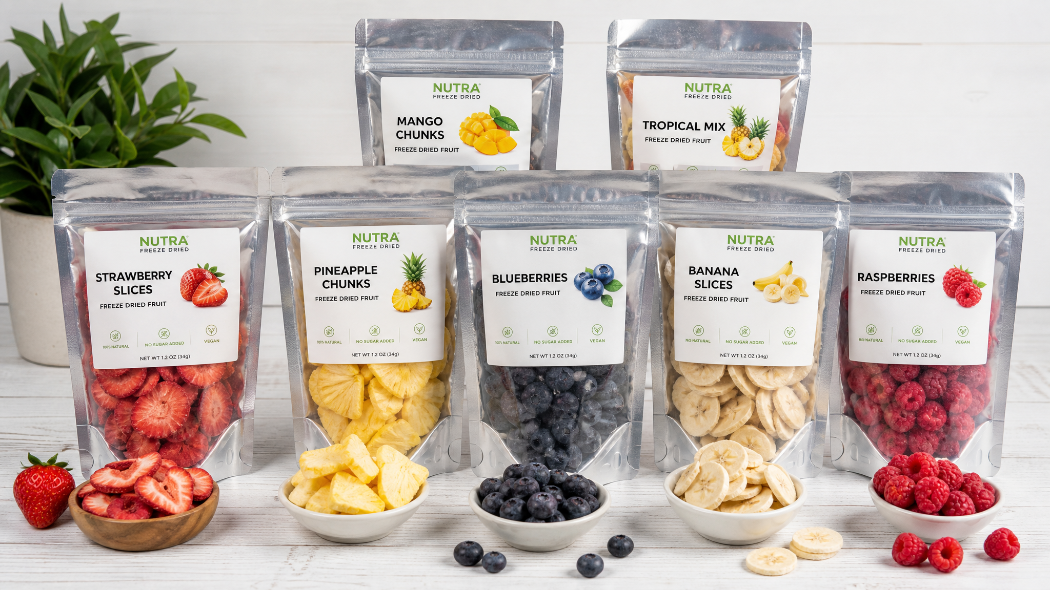 Freeze-dried products sealed in professional Mylar foil retail pouches with labels