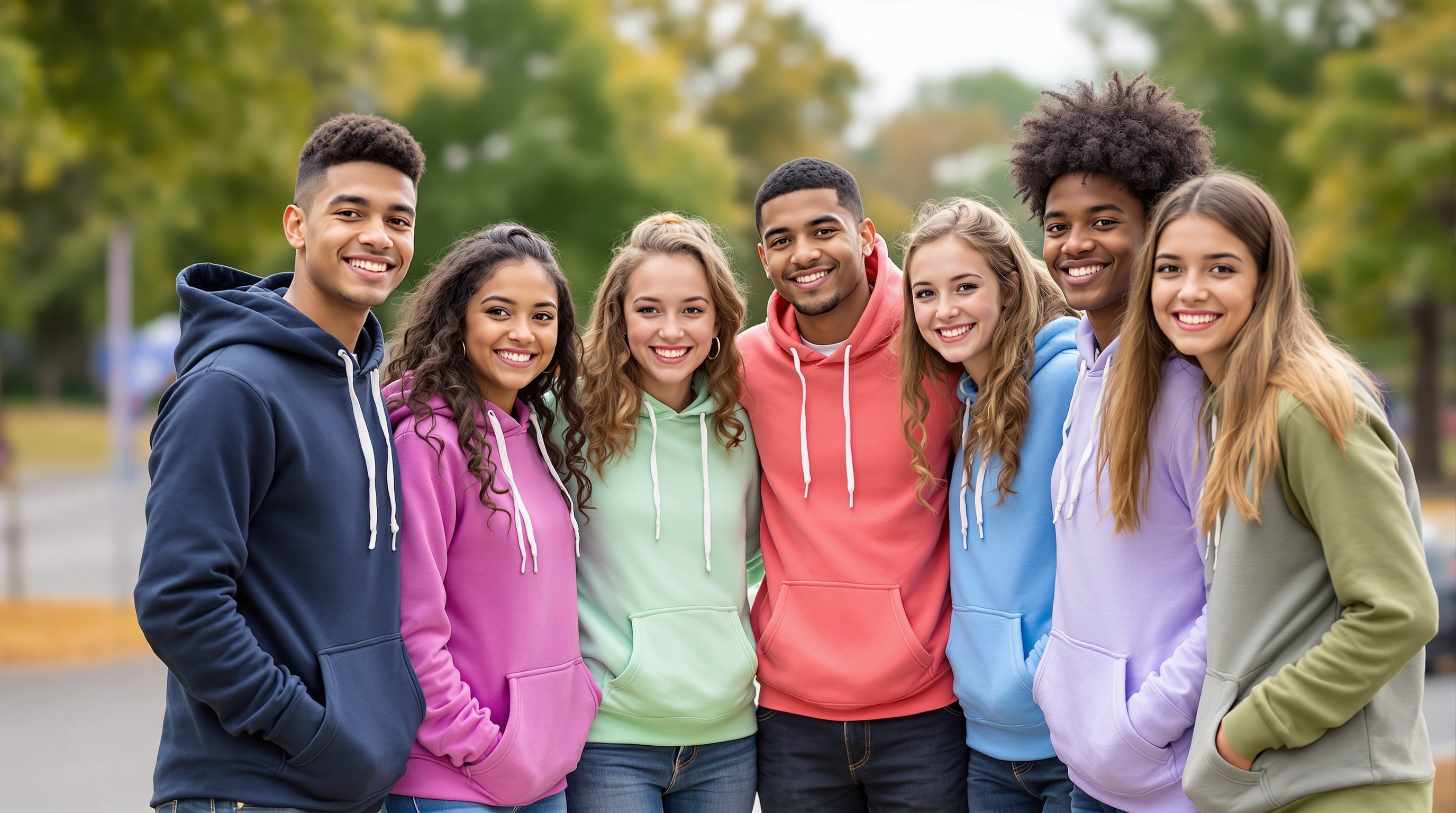 Group of pupils wearing leavers hoodies