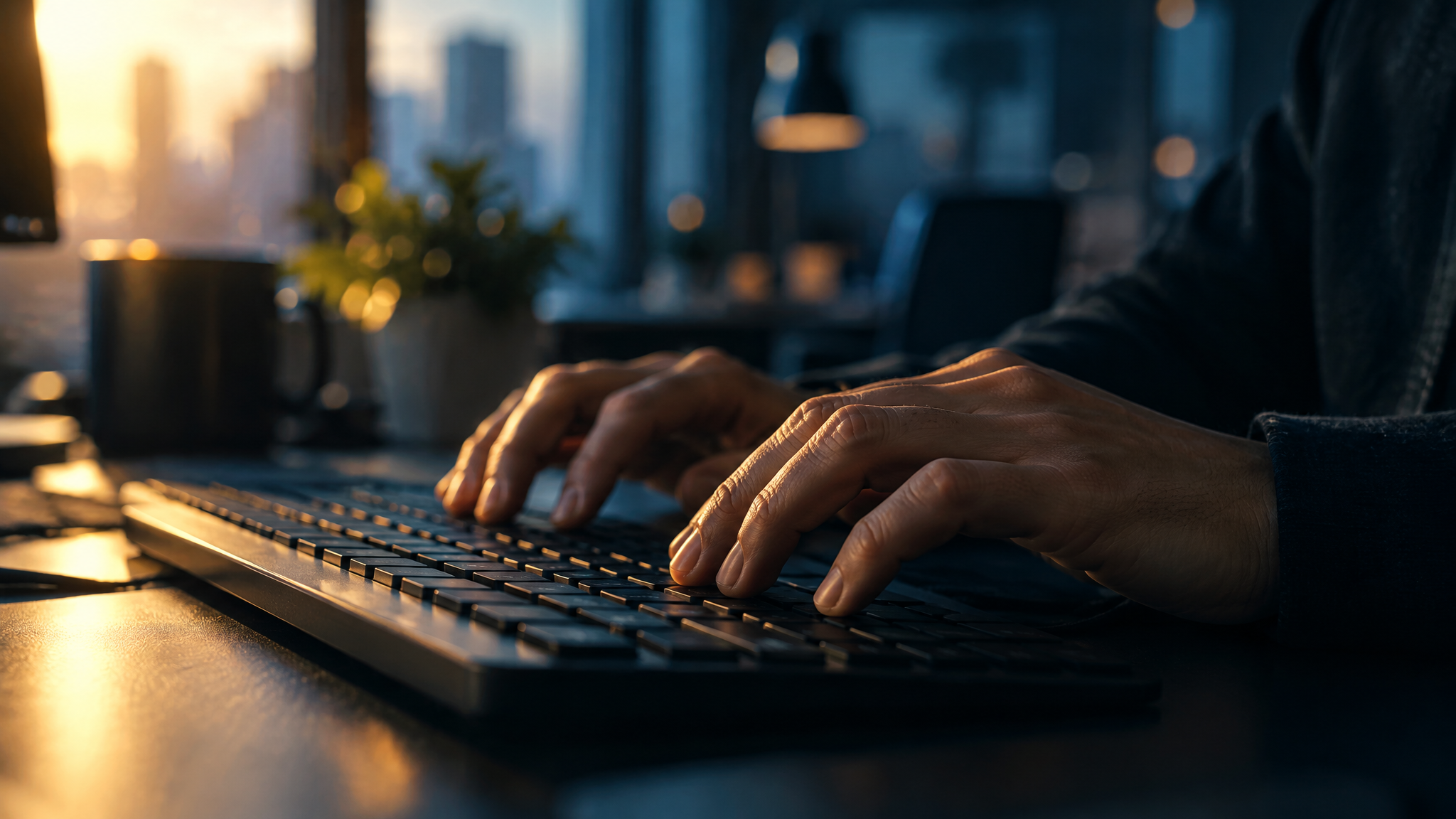 Close de mãos digitando em teclado com iluminação lateral dramática