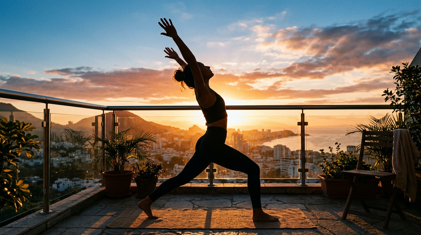 Pessoa fazendo exercícios matinais na varanda ao amanhecer ativando energia