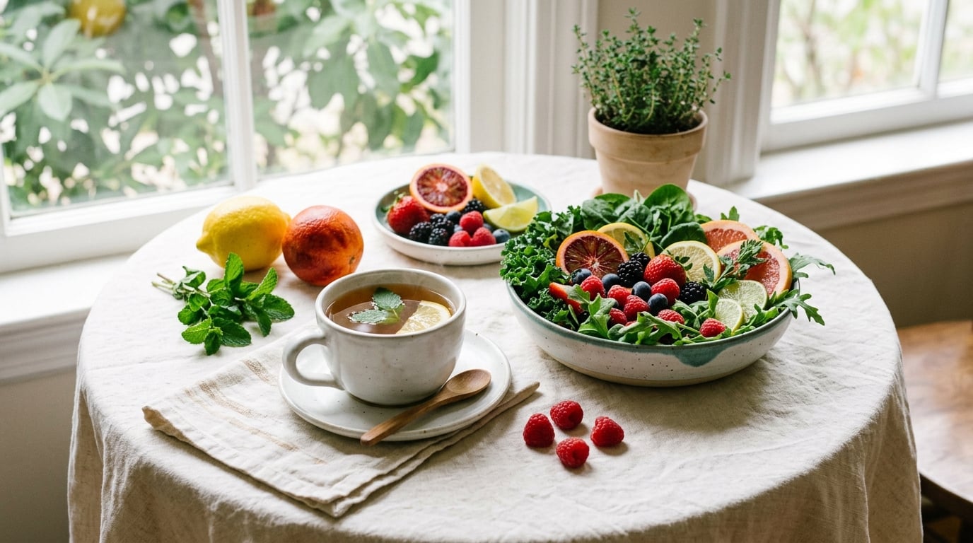 Fresh, light wholefoods and herbal tea representing a sinus-friendly recovery plan