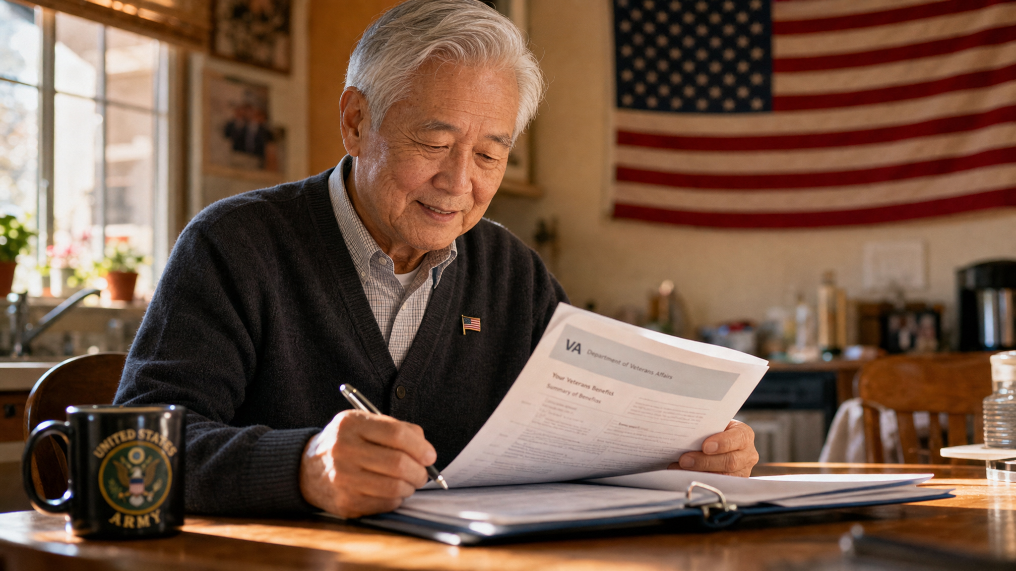 A senior Asian American veteran reviewing his benefit paperwork at a sunlit kitchen table