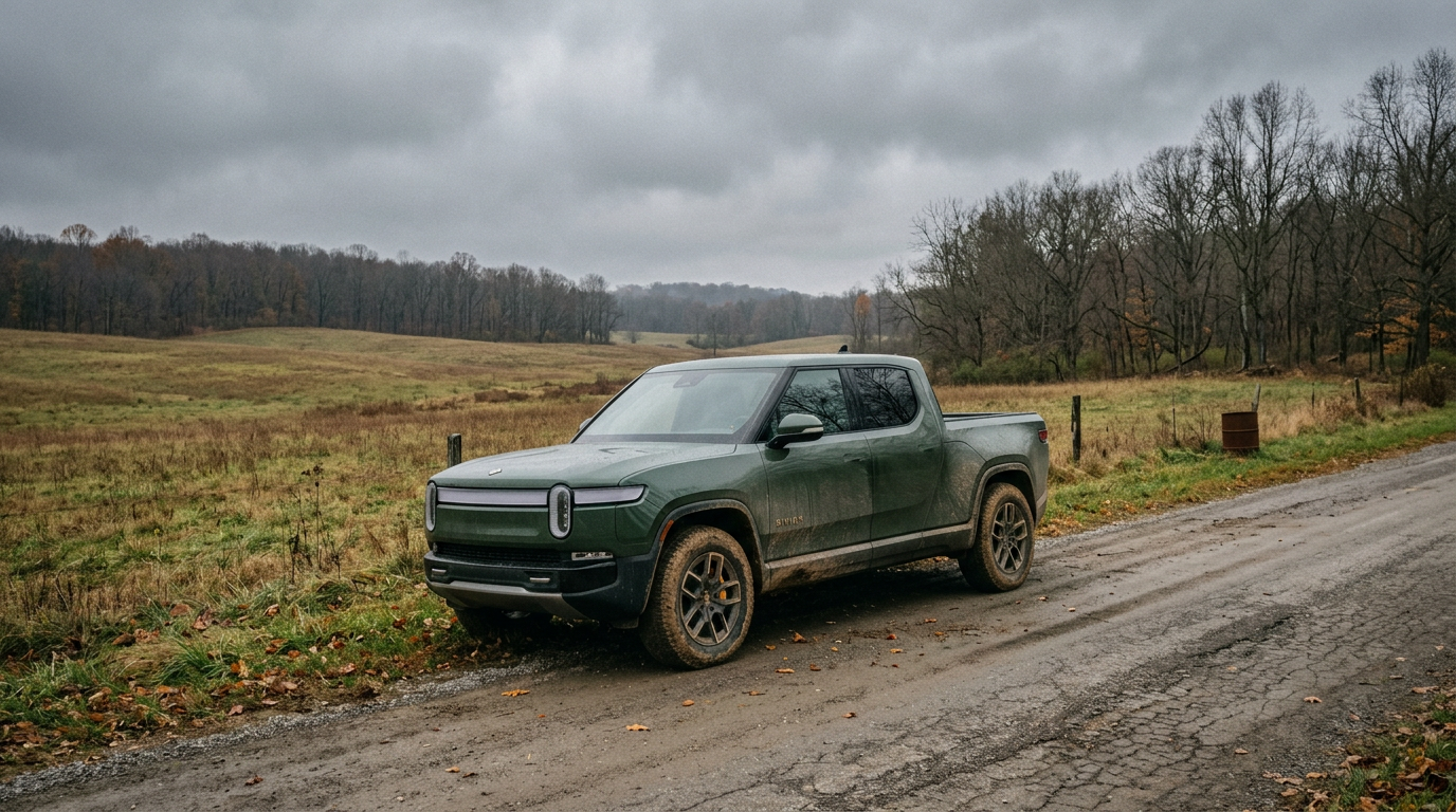 Rivian electric adventure truck stranded on a rural road
