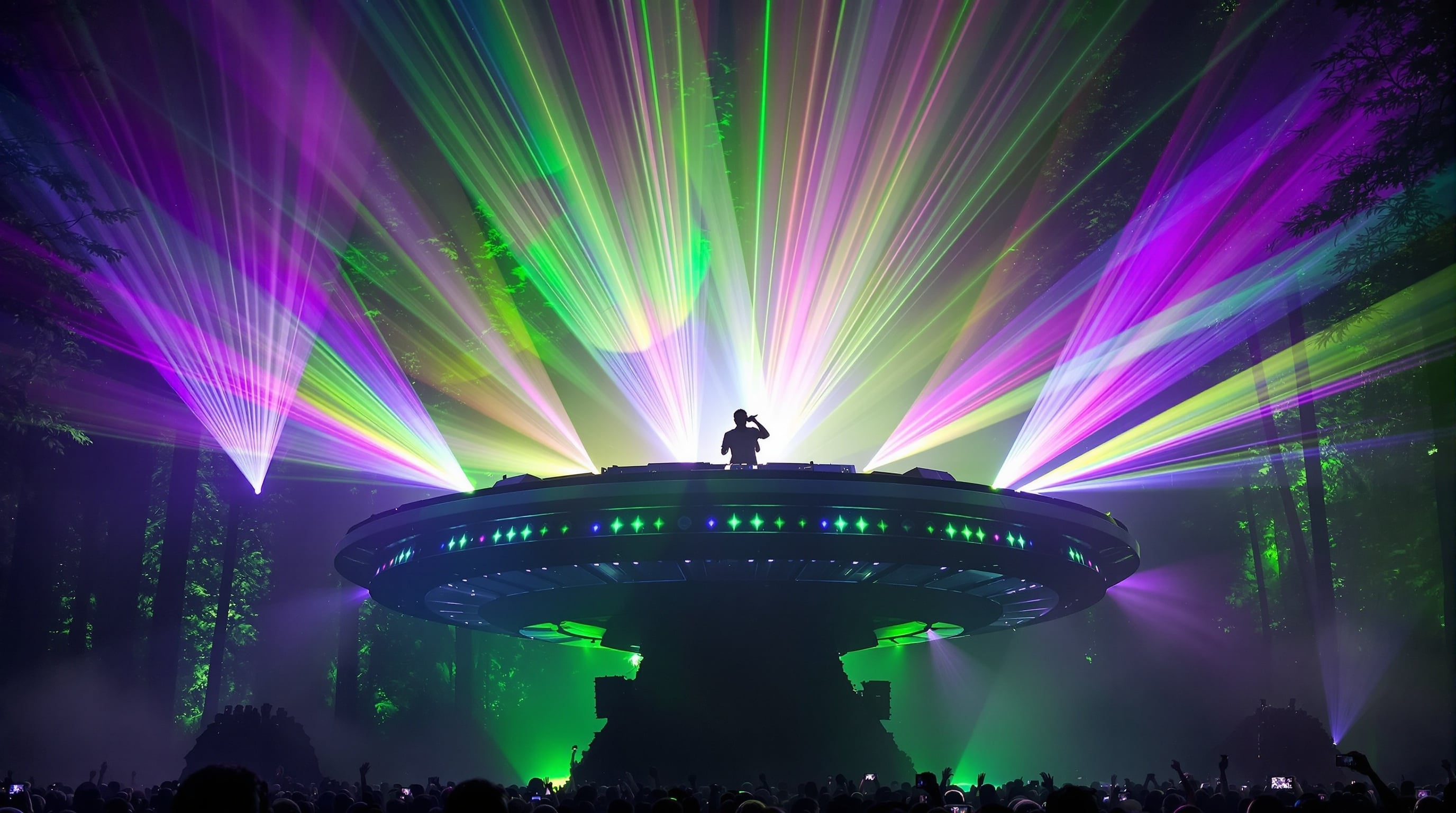 DJ performing on UFO stage with laser lights creating aurora effects through trees