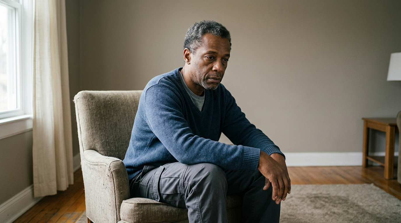 Black male veteran in his fifties sitting alone looking isolated and fatigued, withdrawn from daily activity