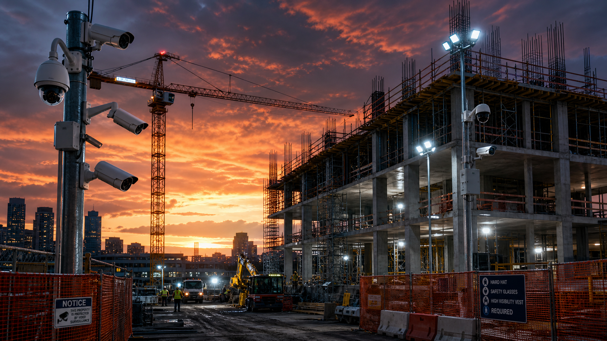 Professional security cameras protecting a Phoenix Arizona construction site at dusk