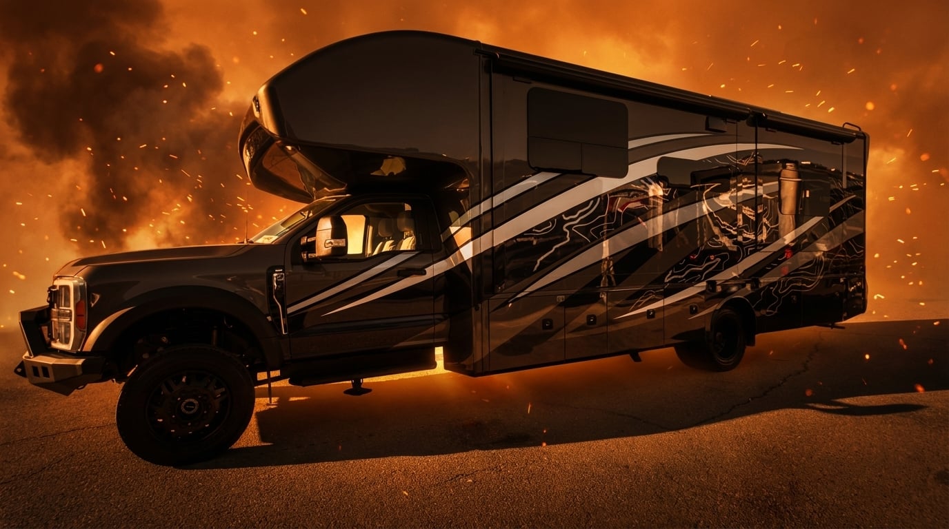 Exposed diesel fuel cap on a Ford F-550 Super C motorhome showing the vulnerability