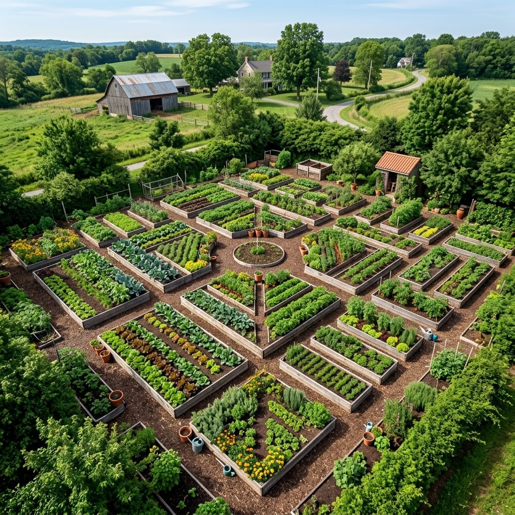 Aerial view of organic garden with raised beds