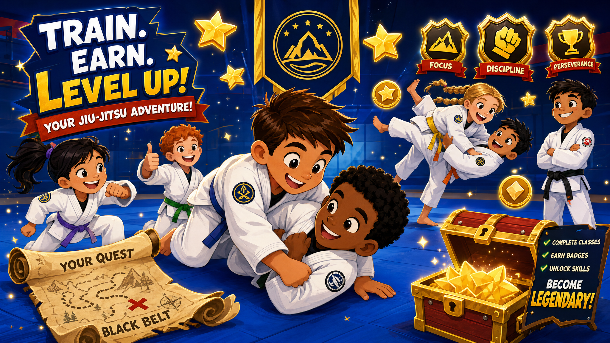 Kids training Jiu-Jitsu on an epic quest adventure