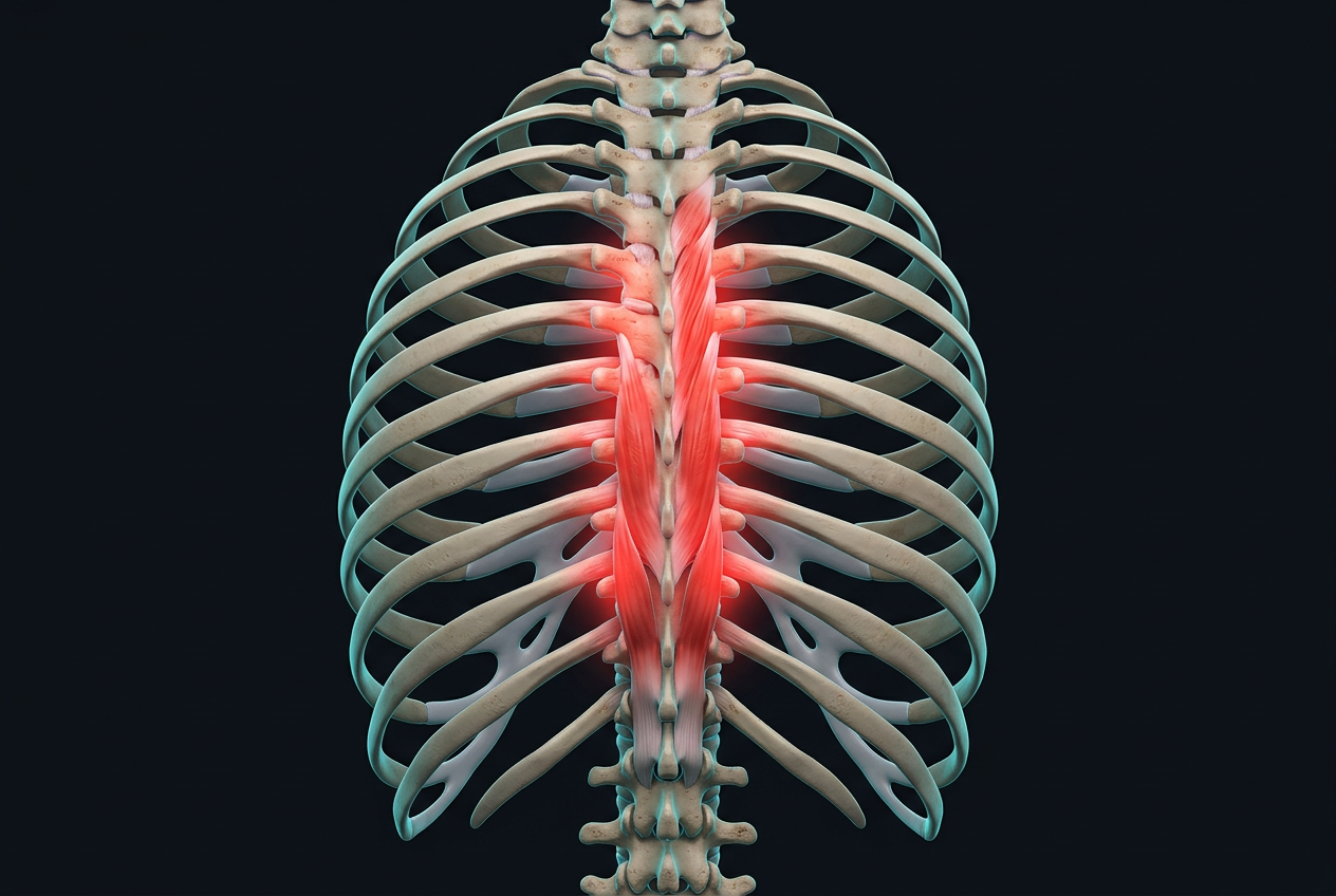 Posterior anatomical illustration of the thoracic spine T1 through T12 with the rib cage, showing strained paraspinal muscles highlighted along the mid-back