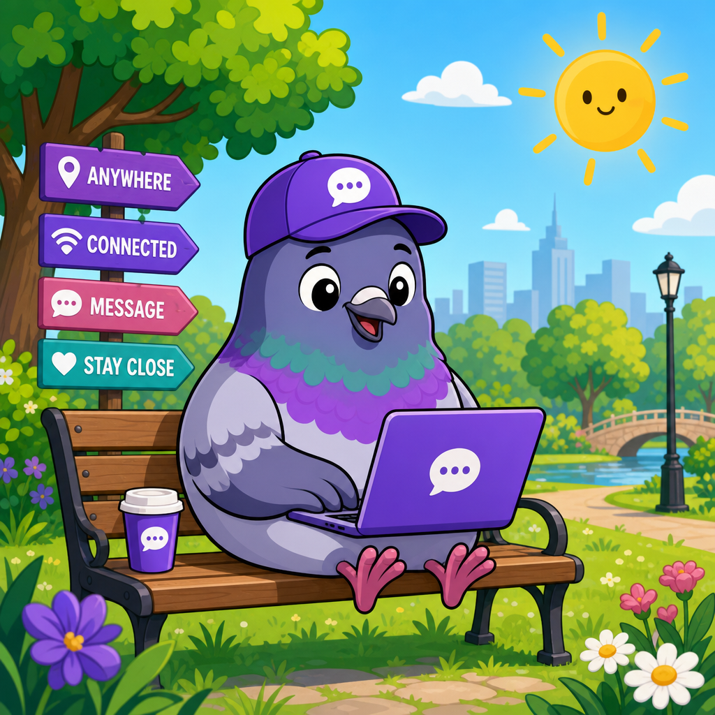Pigeon mascot on a park bench with a laptop surrounded by trees
