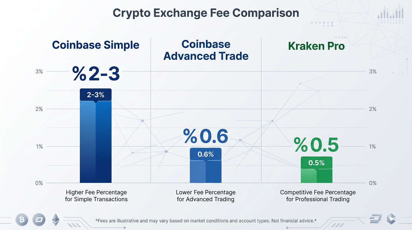 Coinbase Advanced Trade review 2026 — fee comparison chart showing Coinbase Simple vs Advanced Trade vs Kraken Pro