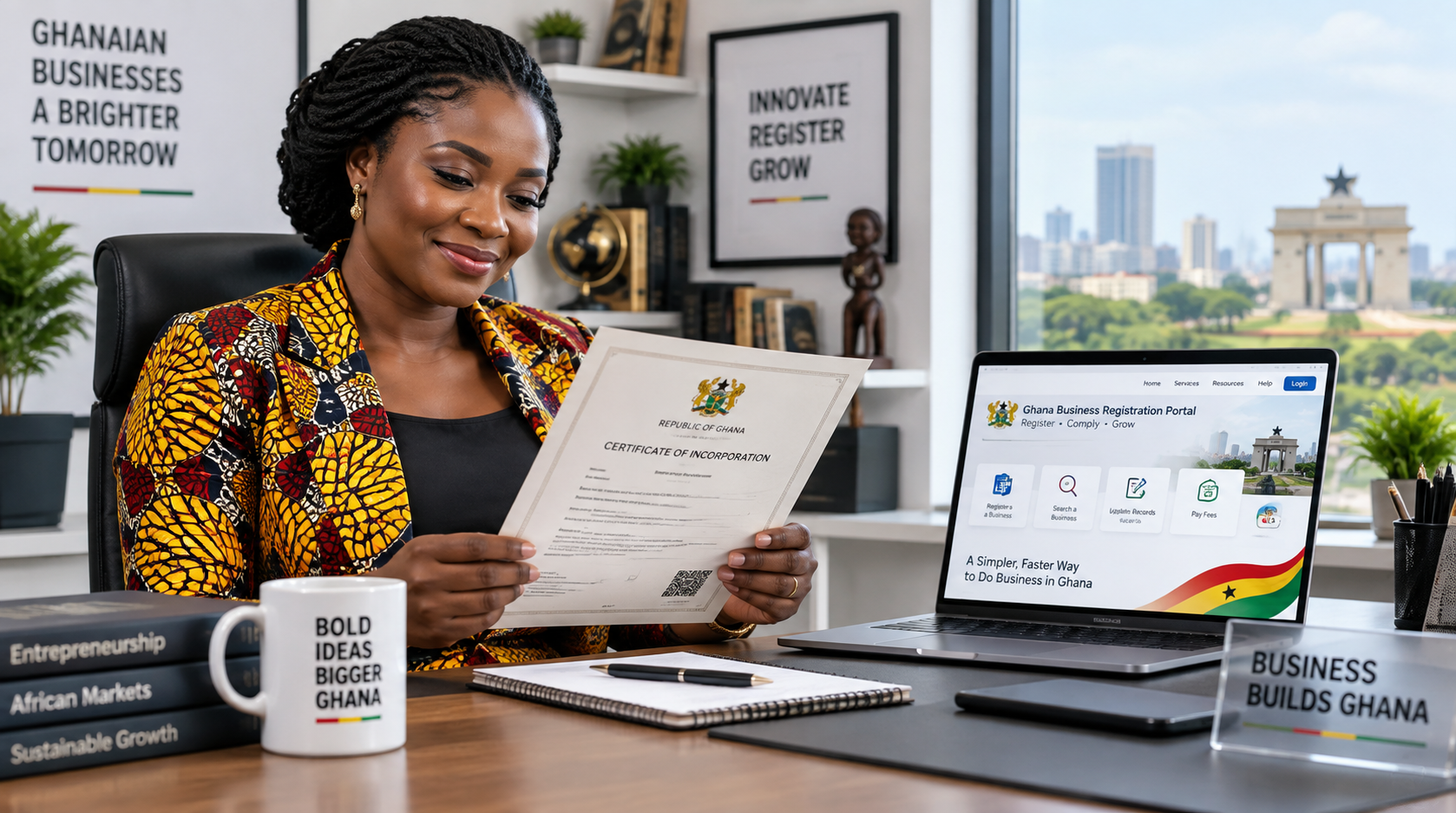 A Ghanaian entrepreneur reviewing official business registration certificates at a modern office desk with a laptop showing an online government portal