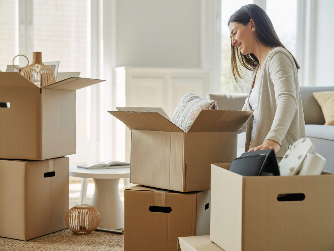 Organized move-in scene with labeled boxes