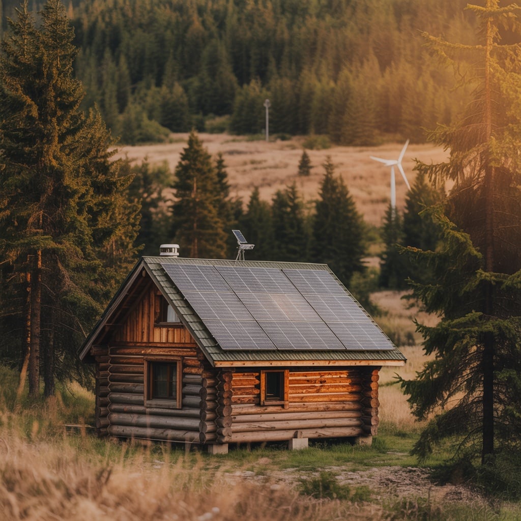 Rustic cabin with solar panels on the roof at golden hour