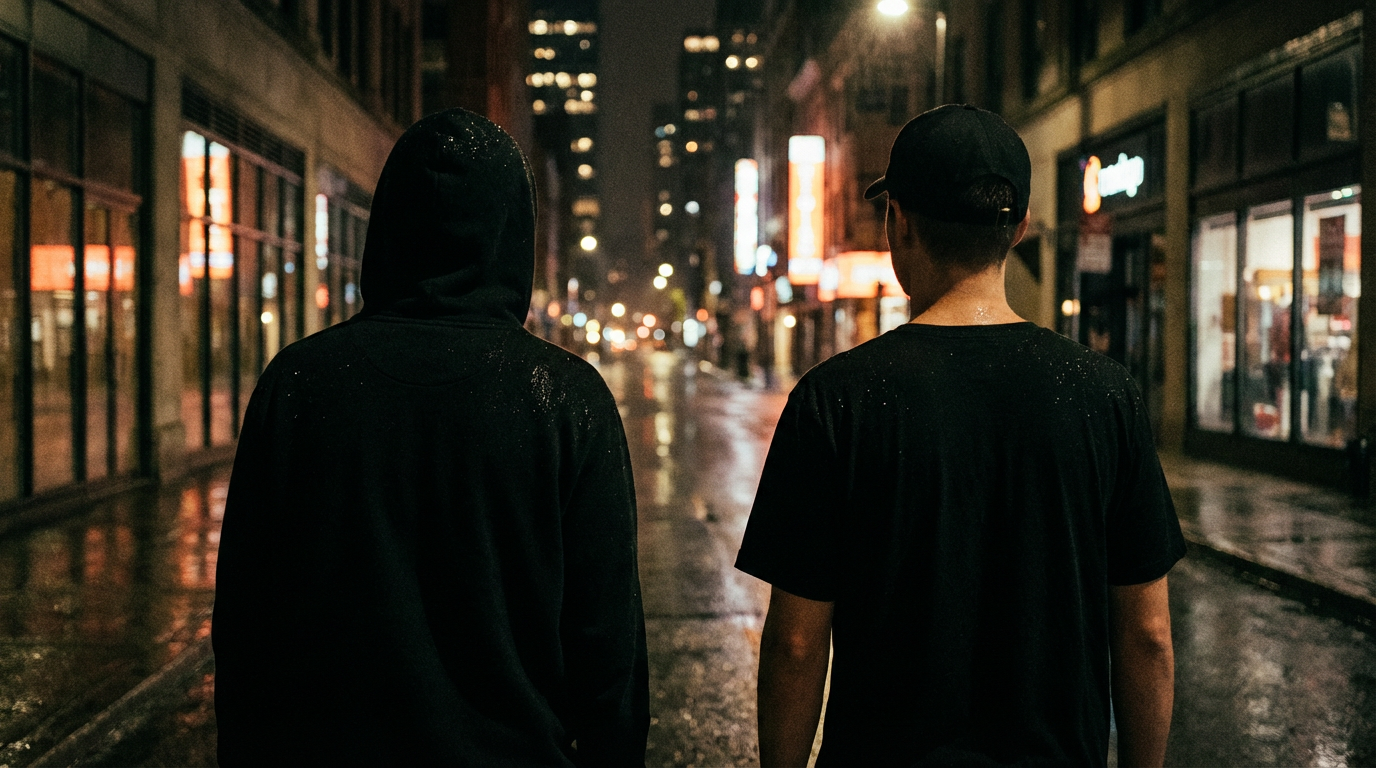 Deux personnes de dos en streetwear NUIT BLANCHE marchant dans une rue urbaine nocturne