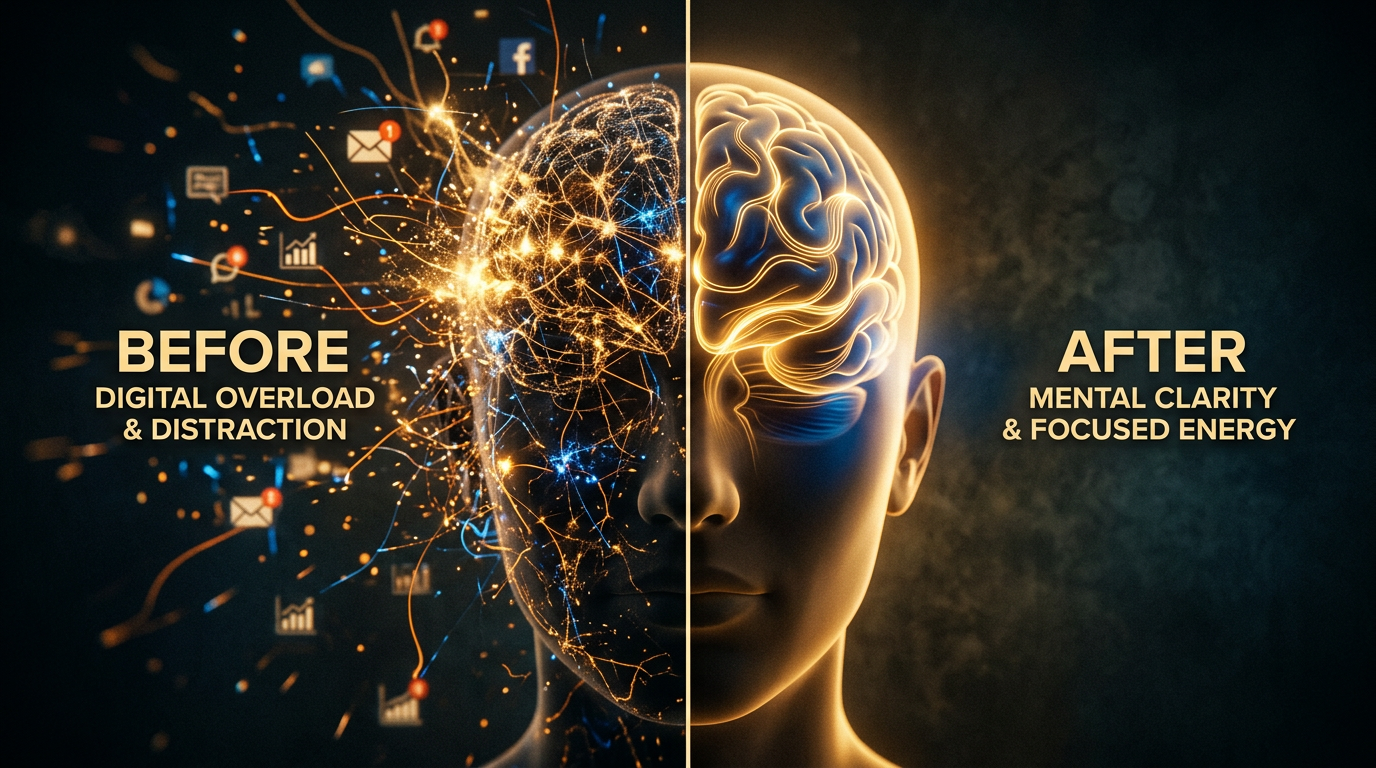 Conceito visual de mente dispersa versus mente focada após desintoxicação digital