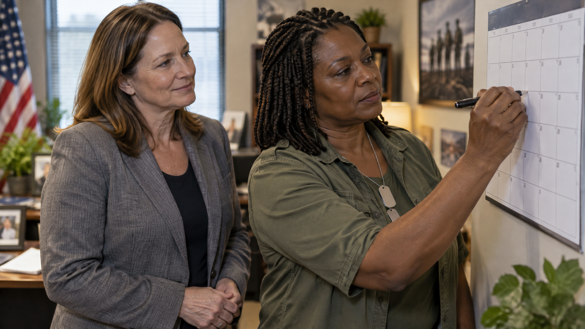 A woman veteran wearing her dog tags marking deadlines on a wall calendar with a woman advocate