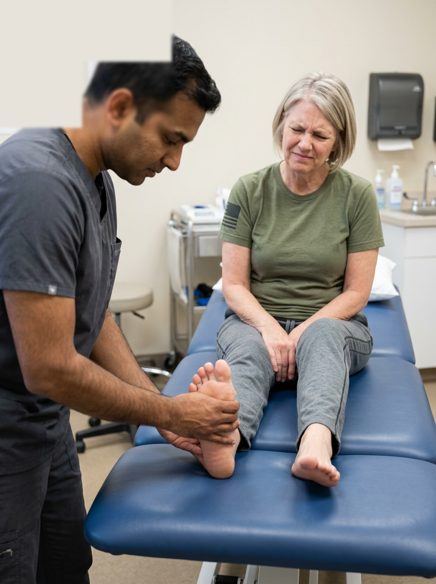 Clinician manipulating the bare foot of a seated female veteran patient by hand to test for pain and Achilles spasm during a flatfoot exam