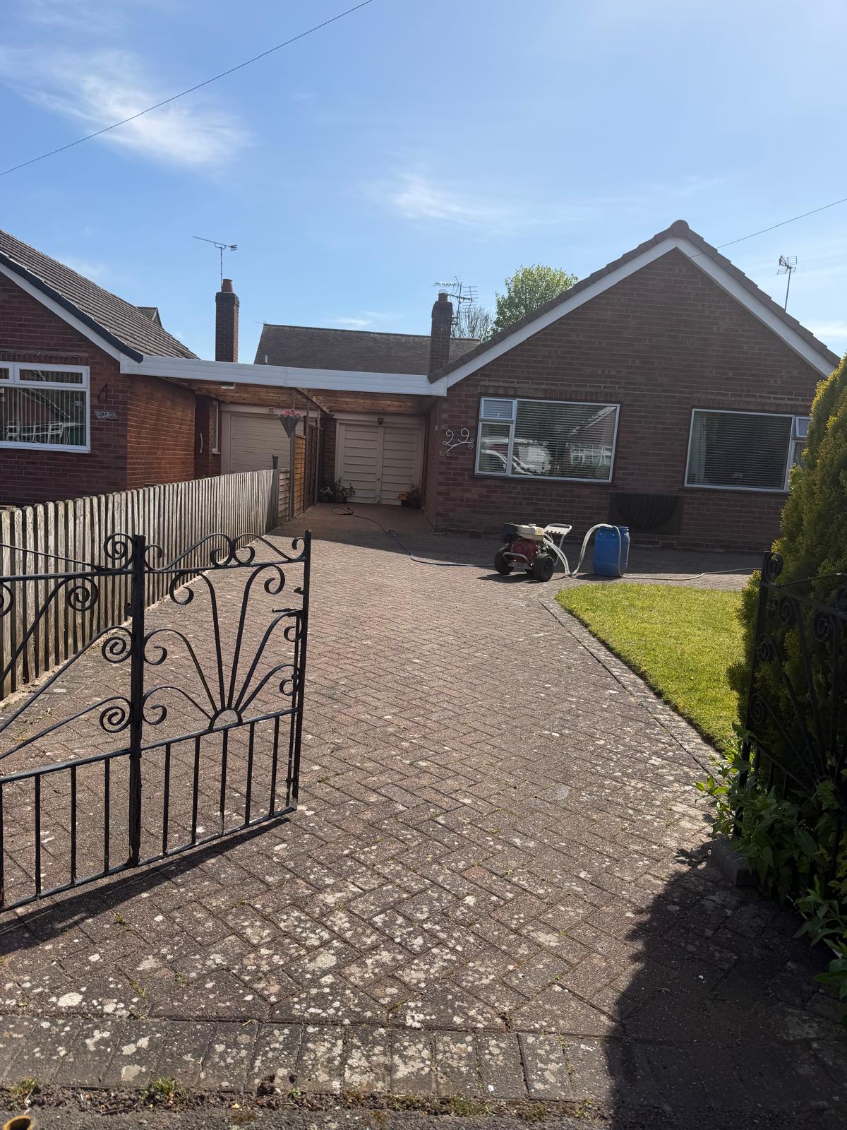 UK bungalow block-paved driveway before cleaning - Honda pressure washer set up