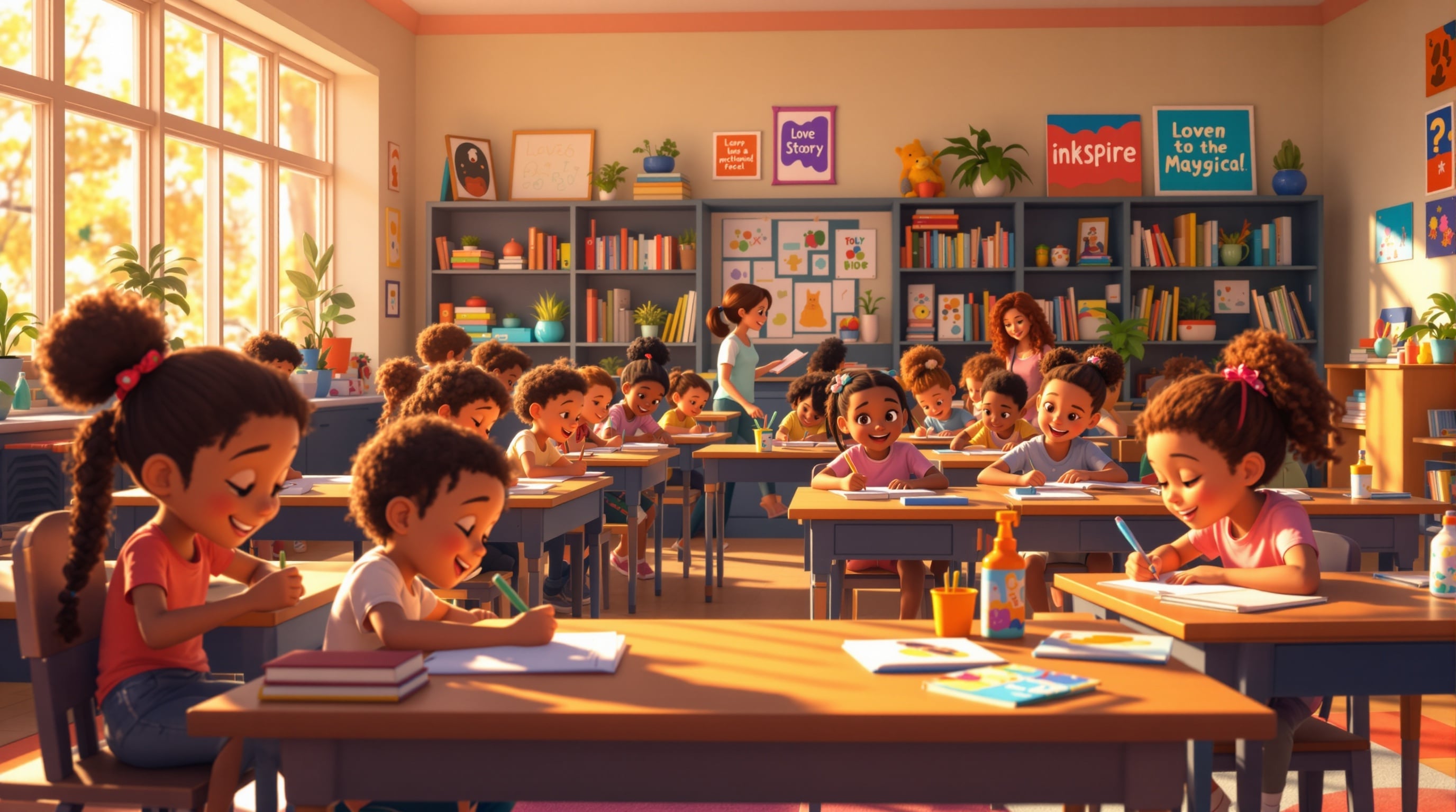 Children engaged in creative writing in a vibrant classroom