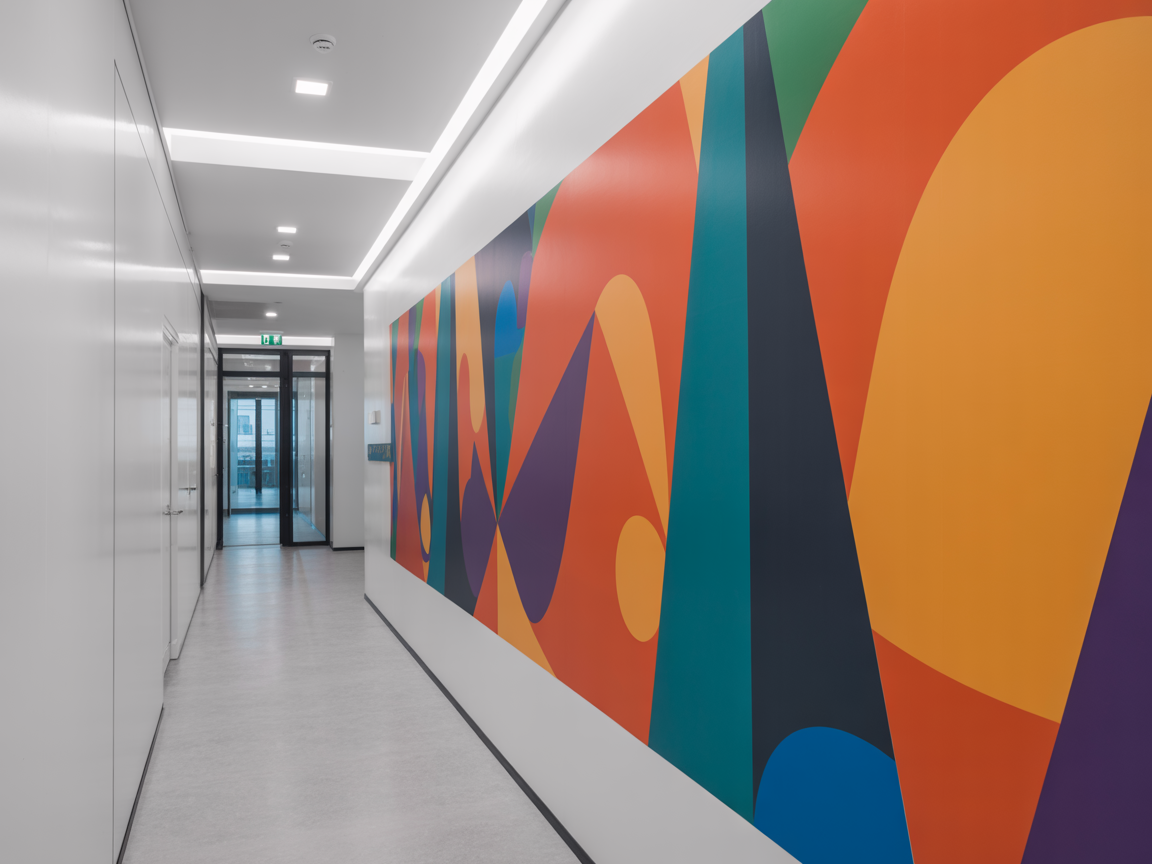 Geometrisches abstraktes Wanddesign im Büroflur