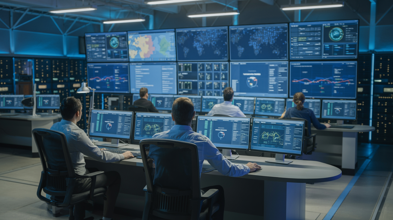 Security operations center command center with wall of monitoring screens