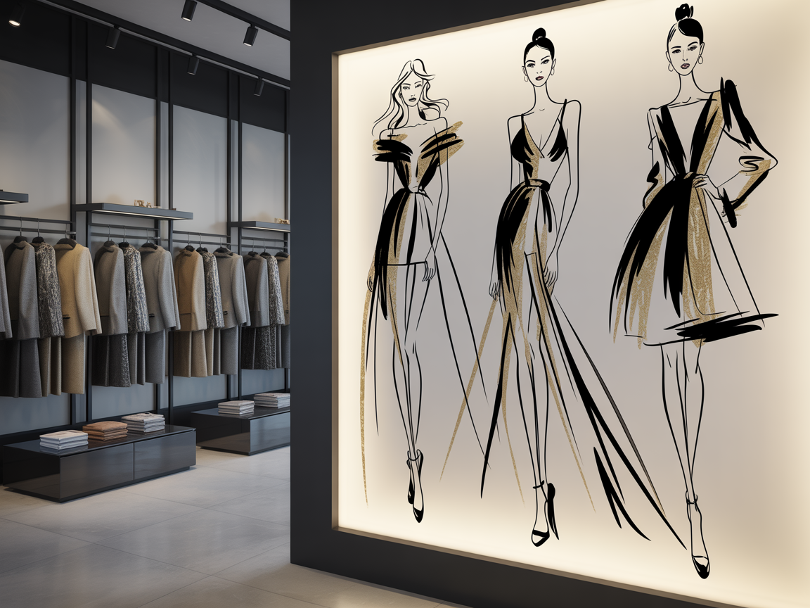 Fashion-Illustrationen als stylisher Wanddruck in einer Boutique