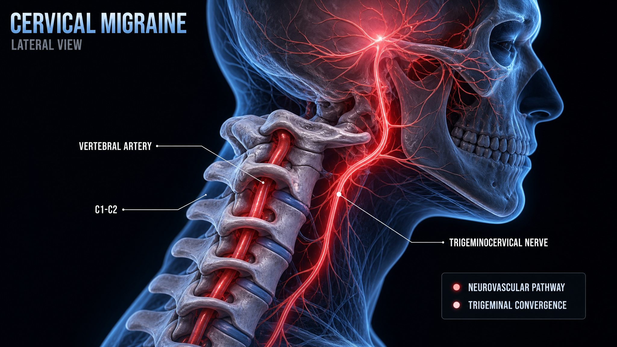 Side-view diagram of a migraine with vascular pattern originating at the neck base
