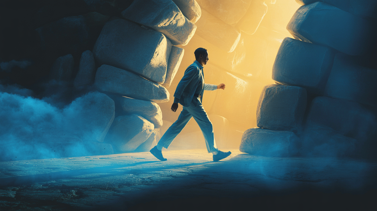 Person emerging from darkness into light, symbolizing personal growth and transformation through coaching