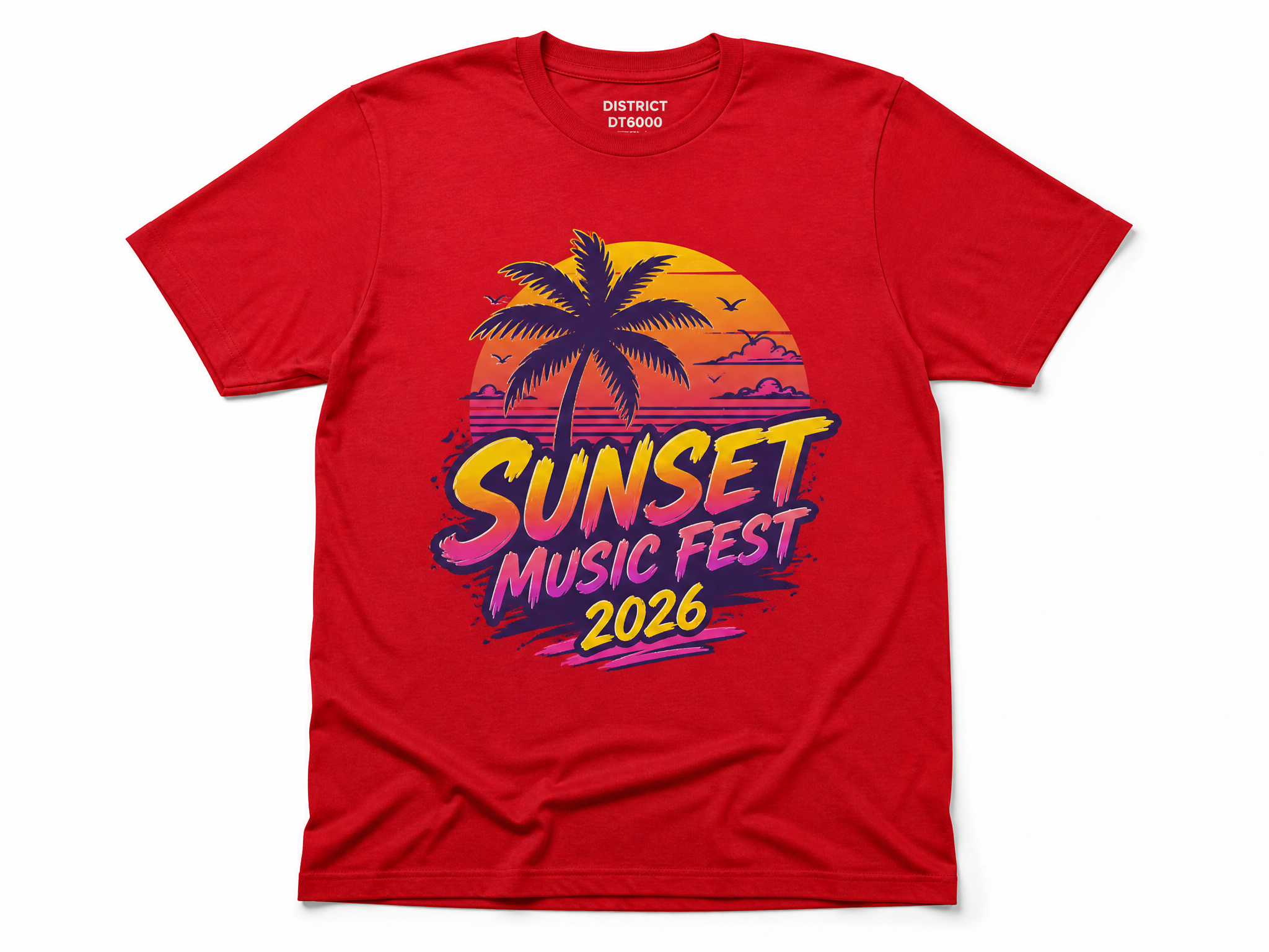 Red t-shirt with full-color festival event DTF logo