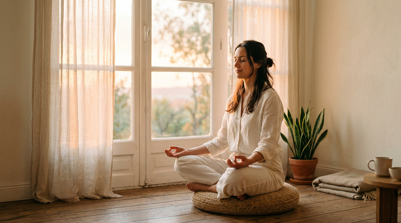 Pessoa meditando pacificamente perto de janela com luz do amanhecer