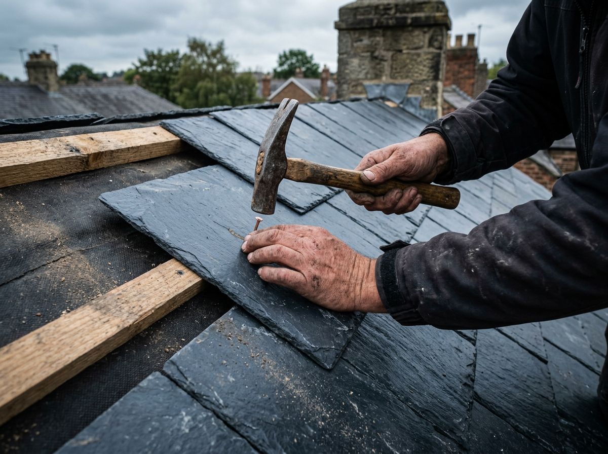 Close-up of new slates being nailed in place