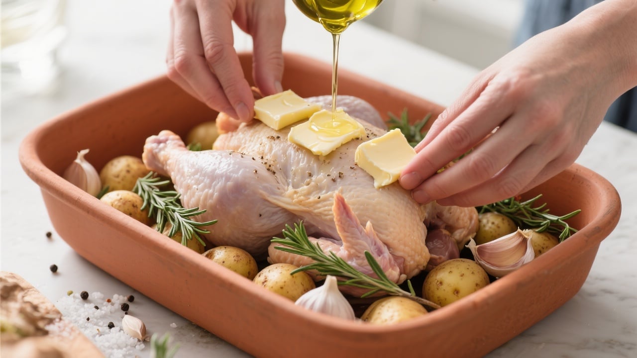 Le Poulet Roti aux Pommes de Terre 3 Poulet roti doré et croustillant, entouré de pommes de terre rôties et d’herbes fraîches, servi dans un plat blanc sur une table élégante.