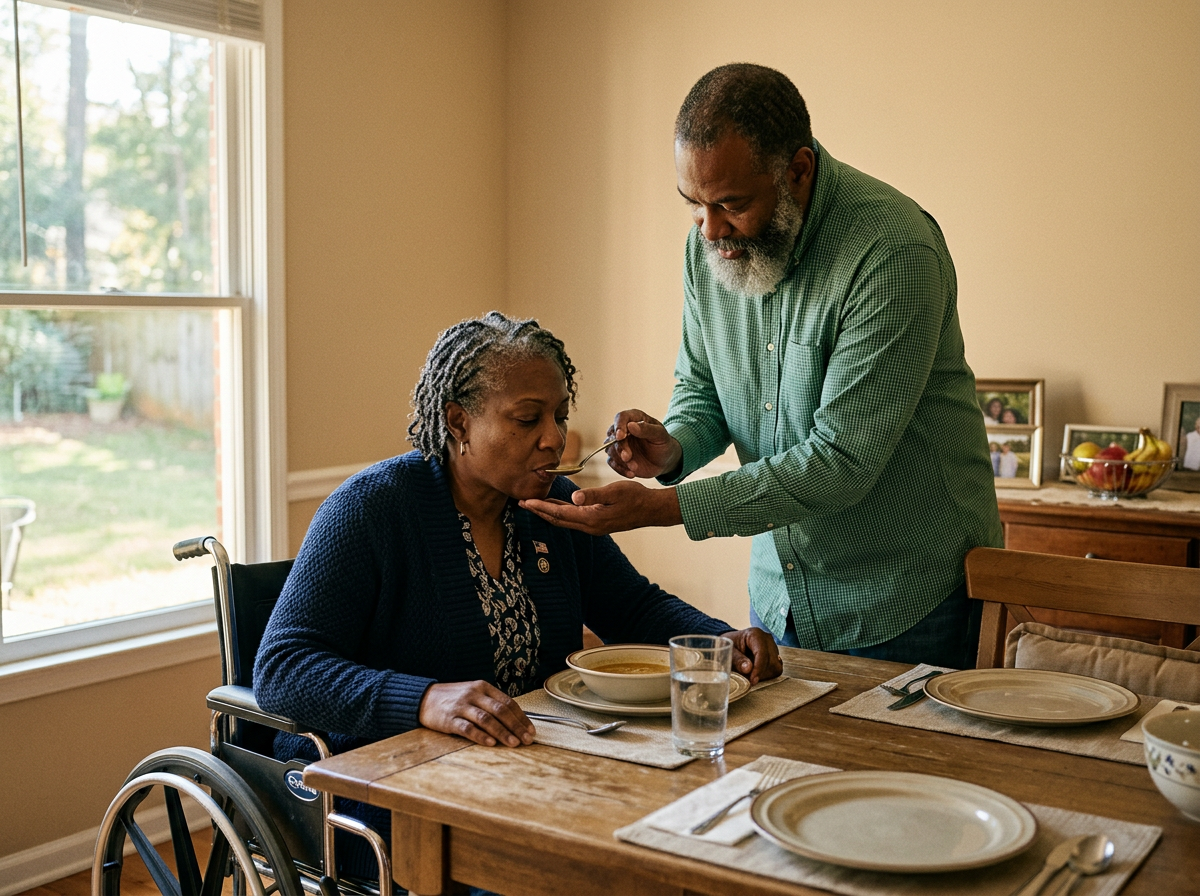 Black female veteran in wheelchair being helped by husband during mealtime showing caregiver burden