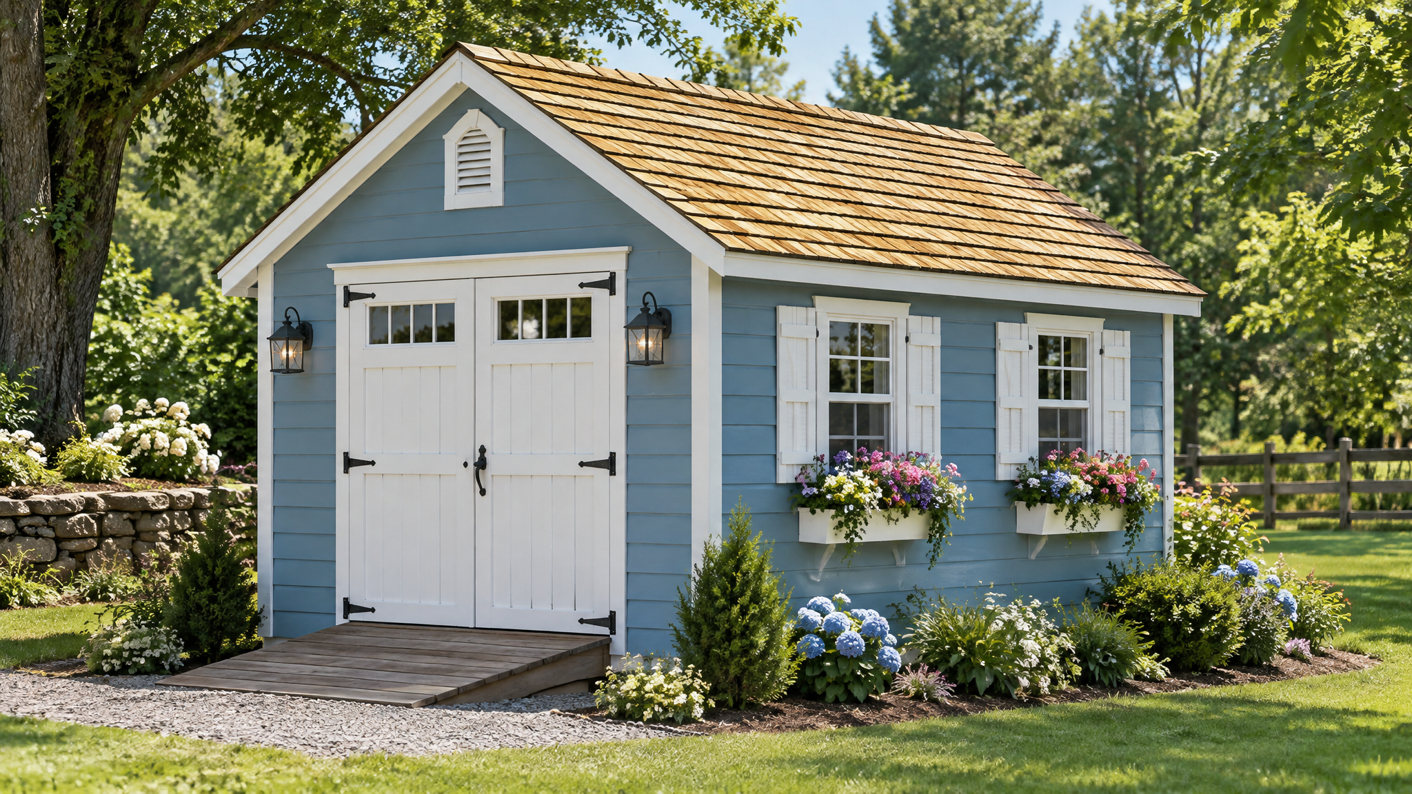 Garden shed with flower boxes from Waterloo Structure in Parkesburg PA