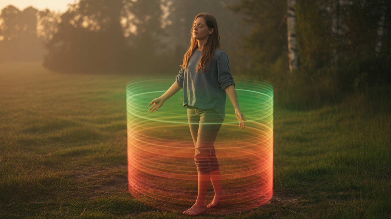 Žena u svojim 30-im stoji bosa na travi u maglovitoj šumi u zoru, ruke opuštene, oči poluzatvorene, dok topla zemljana energija u narandžasto-crvenim tonovima teče iz njenih stopala u zemlju, a meka zelena aura zrači oko njenog tela — praksa uzemljenja radi povratka vitalne sile. Stres i energija – žena u prirodi sa balansiranim energetskim poljem oko tela, simbol vraćanja energije i smanjenja stresa