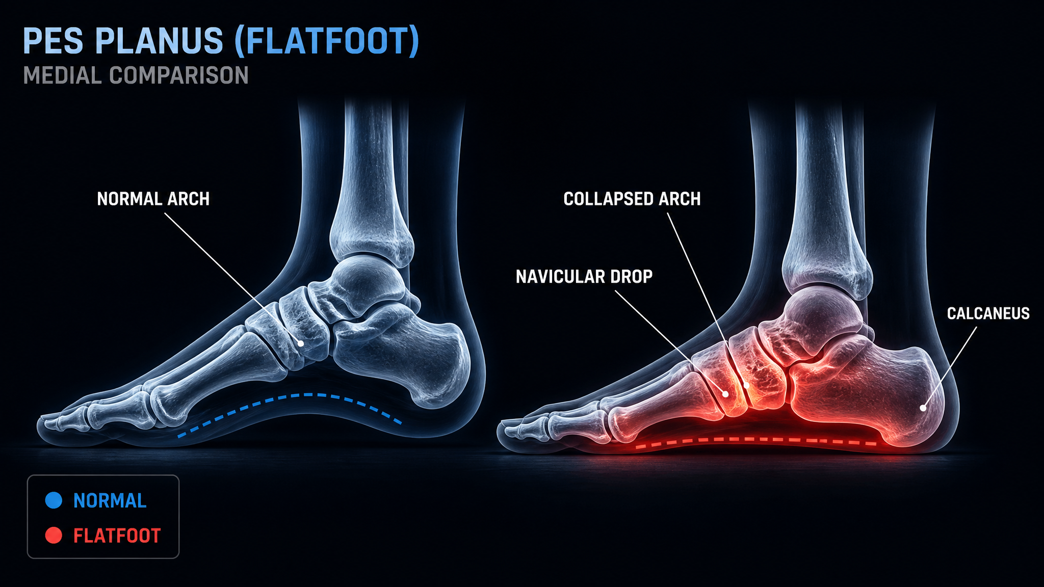 Anatomical comparison diagram of a normal foot arch versus collapsed flatfoot (pes planus)