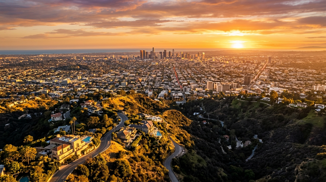 The Hollywood Hills at sunset, overlooking Los Angeles — driving B2B leads through AI.