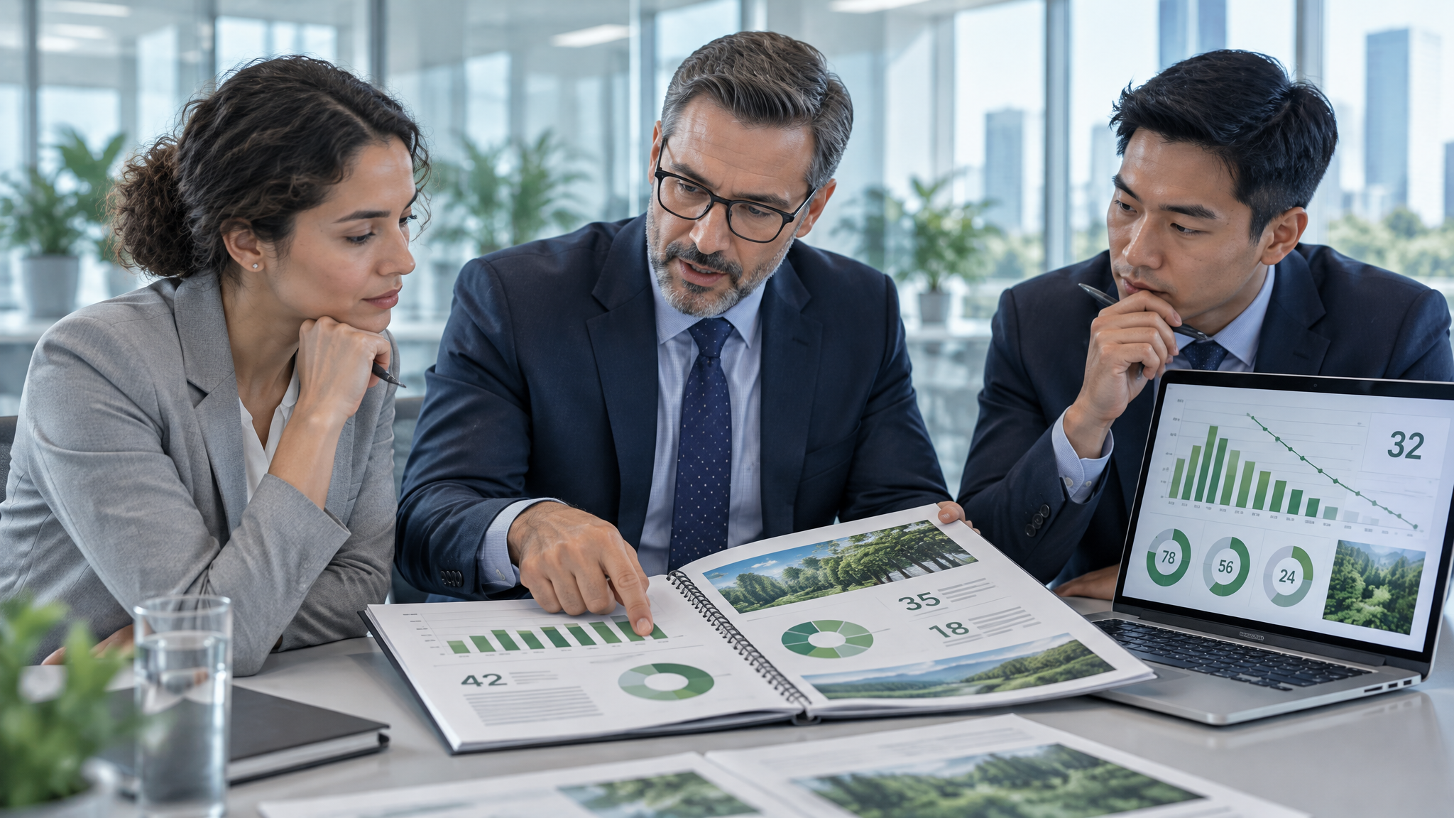 Team bespricht einen gedruckten Nachhaltigkeitsbericht und ein KPI-Dashboard