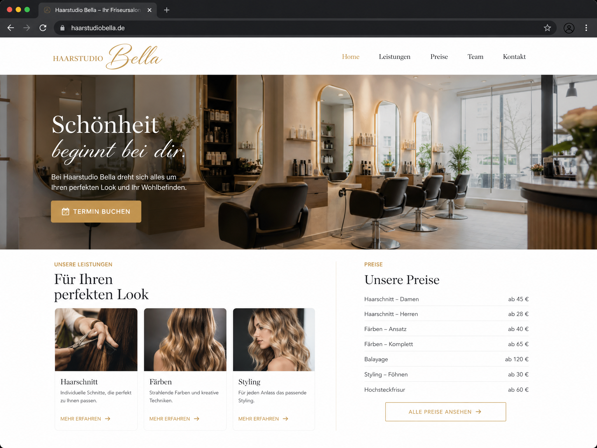 Fertige, professionelle Friseur-Website, erstellt mit einem einzigen Prompt