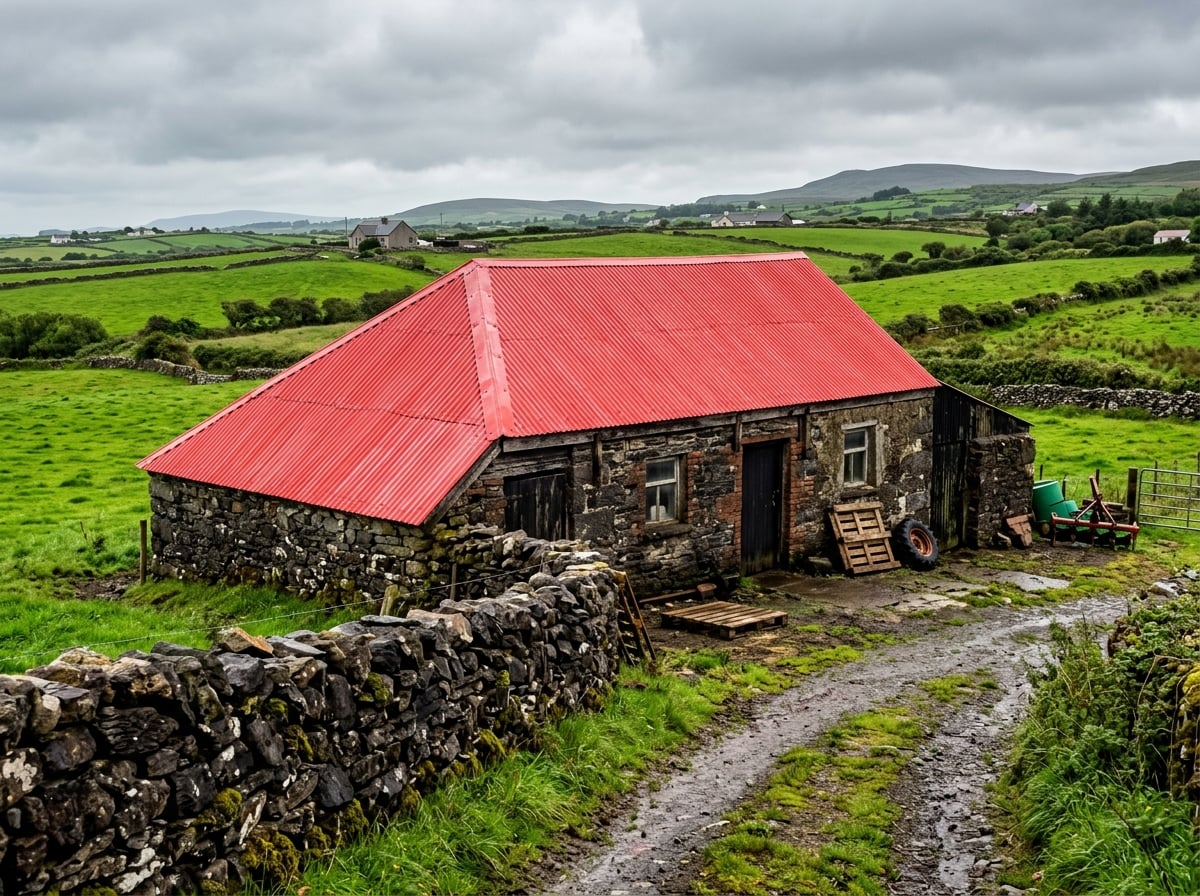 Resprayed red tin roof on outbuilding