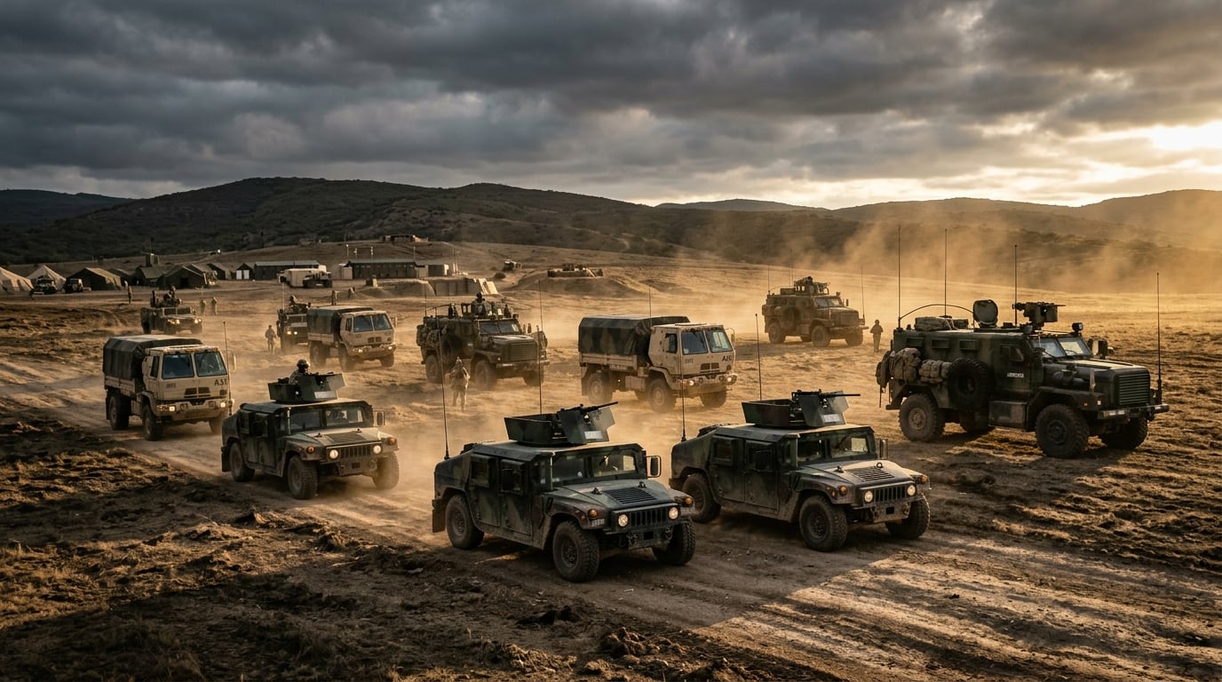 Military tactical vehicles in formation