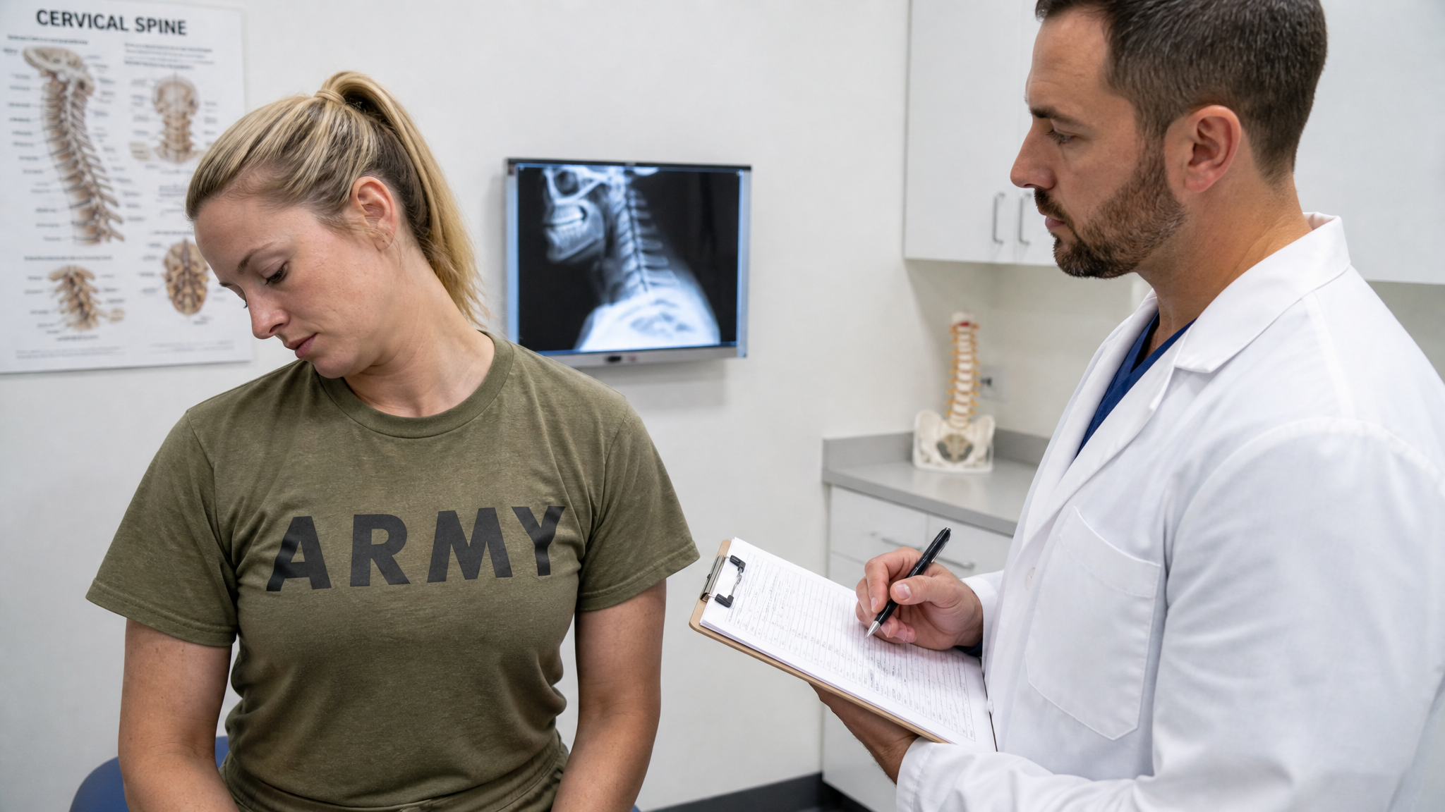 Young White female patient repeating a neck rotation a third time with visible fatigue while a clinician records progressive loss of cervical motion