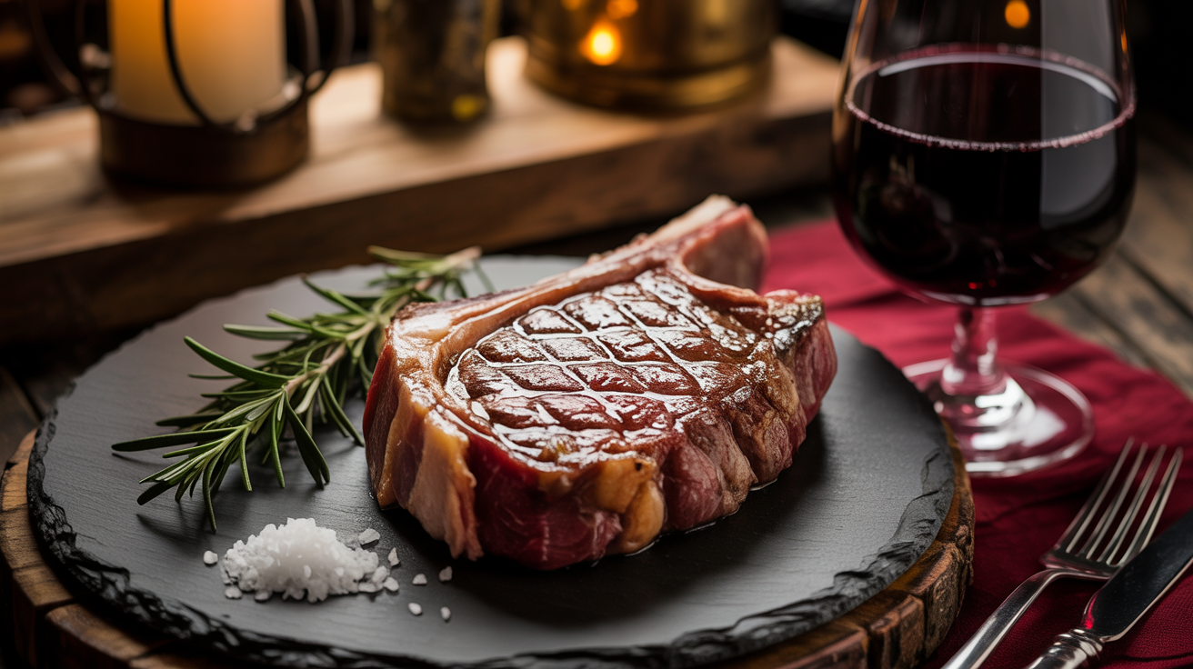 Perfectly grilled steak alongside a glass of bold red wine in an elegant rustic presentation