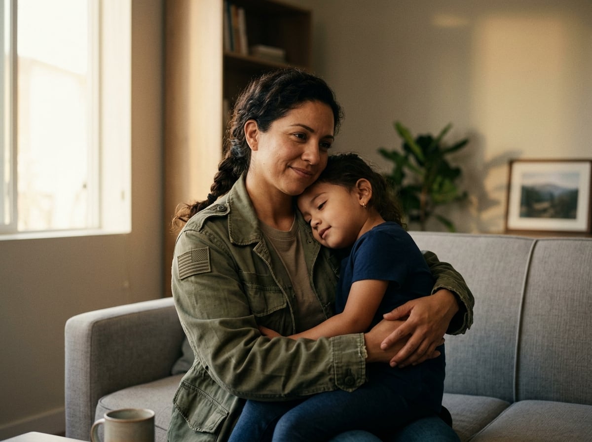 Woman veteran and her child reaching safety