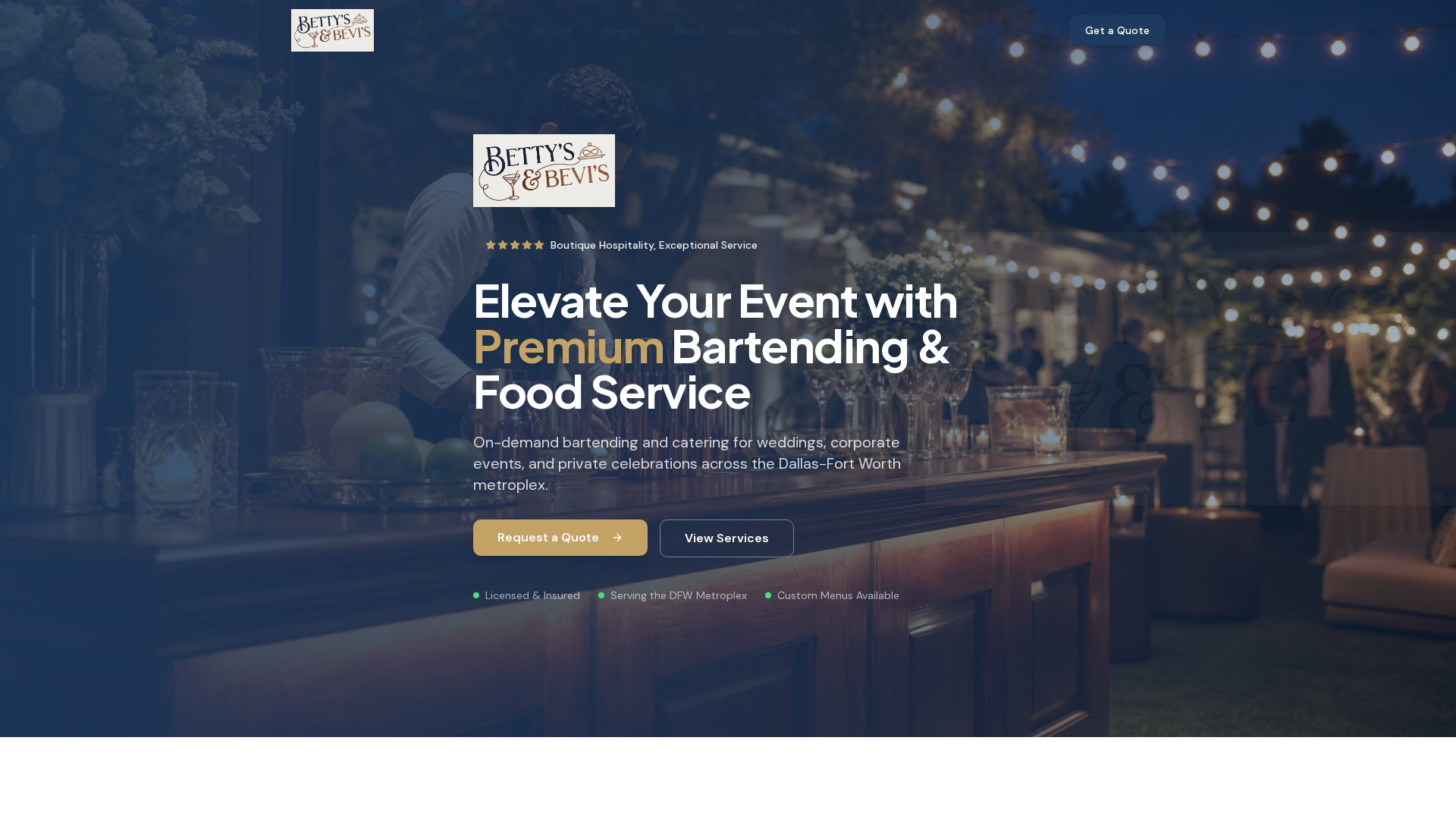 Live demo preview of Betty's and Bevi's — a fully functional bartending & catering website built by Contractor Website Pros